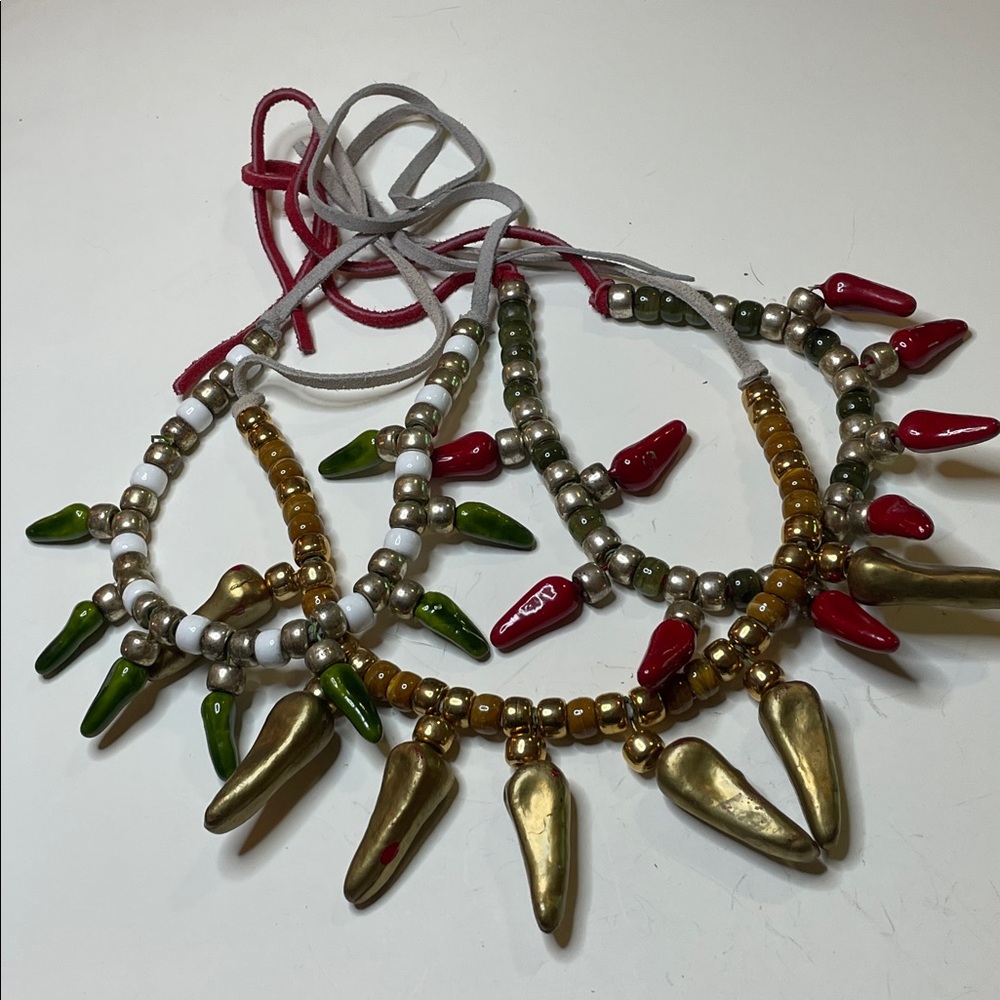 Mexican Three Beaded Green Gold Red Chili Pepper Charms Leather Tie Necklaces